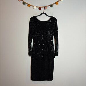 Betsy & Adam black sequin type cinched waist long sleeve dress